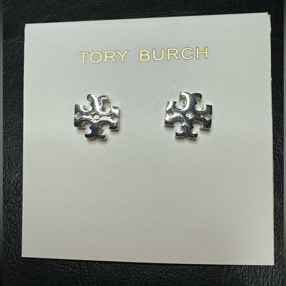 Tory Burch New Kira Silver Double T Logo Stud Earrings - Picture 3 of 10